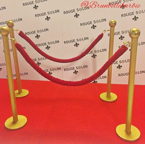 a red carpeted area with gold barriers and ropes