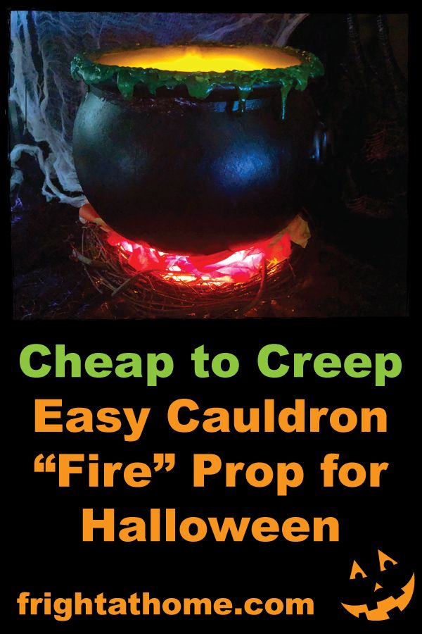 a large black pot with neon lights on it and the words cheap to creepy easy cauldron fire prop for halloween