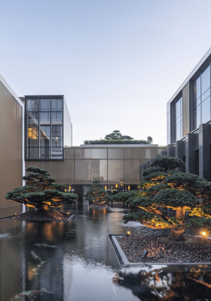 an outdoor courtyard with trees and water in the foreground, surrounded by two buildings