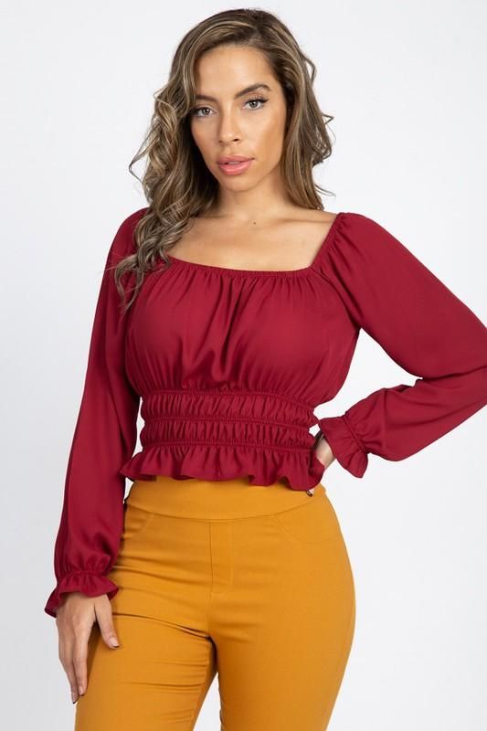 Off the shoulder Crop Top Model is wearing a Small 100% Polyester Fitted Long Sleeve Off-shoulder Top For Spring, Trendy Fitted Off-shoulder Blouse, Off-shoulder Blouse For Spring, Solid Off-shoulder Blouse For Party, Fall Long Sleeve Blouse With Elastic Shoulders, Spring Off-shoulder Blouse, Fall Ruffled Off-shoulder Top, Trendy Off-shoulder Blouse With Ruffles, Trendy Off-shoulder Ruffled Blouse