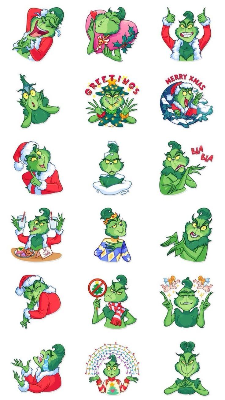 the grin's christmas stickers are all in different styles and colors, including green