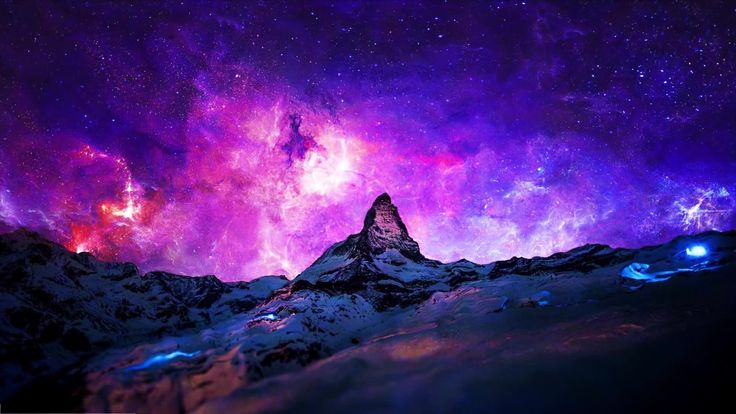 the night sky is filled with stars and bright lights, as well as some mountains