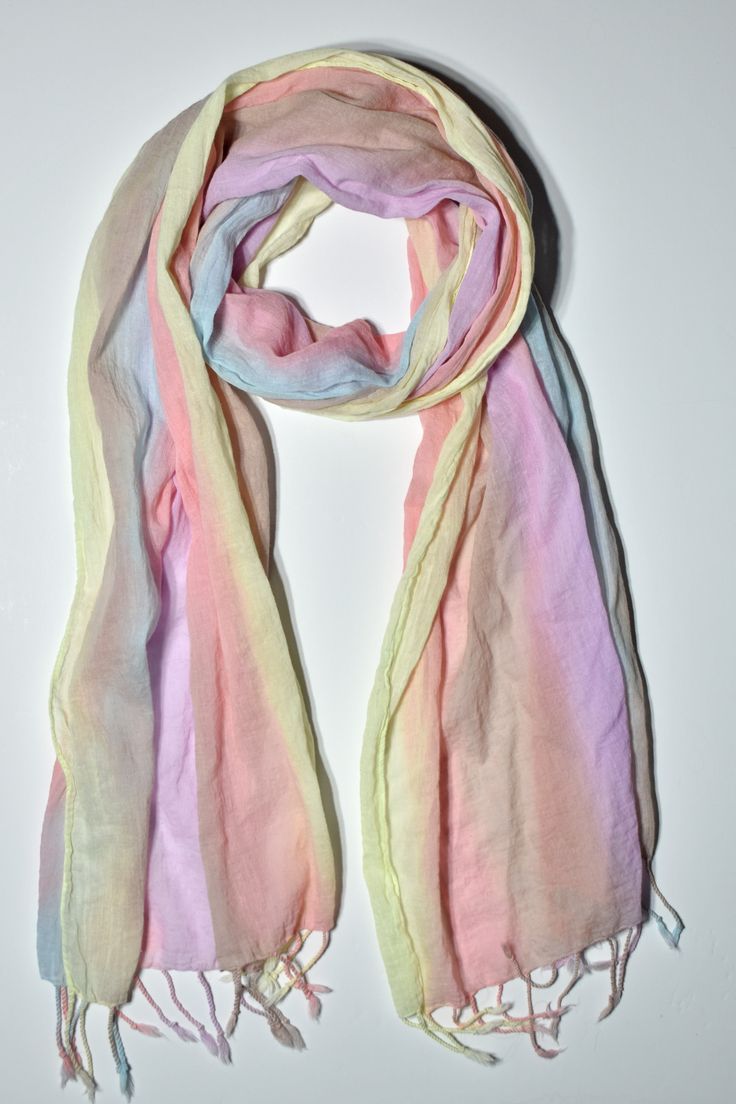 Indulge in soft, hand-painted pastels with this cotton scarf. Perfect for adding a touch of color to any outfit, this scarf offers a variety of shades to please the eye. Embrace your playful side and let this scarf bring life to your wardrobe. Processing time for in-stock items is 1-3 days. Pink Casual Scarves For Spring, Casual Pink Scarves For Spring, Casual Yellow Scarf For Spring, Pink Hand-dyed Scarf, Trendy Multicolor Spring Scarves, Trendy Multicolor Scarves For Spring, Bohemian Hand Dyed Spring Scarves, Bohemian Hand Dyed Scarves For Spring, Bohemian Hand-dyed Scarves For Spring