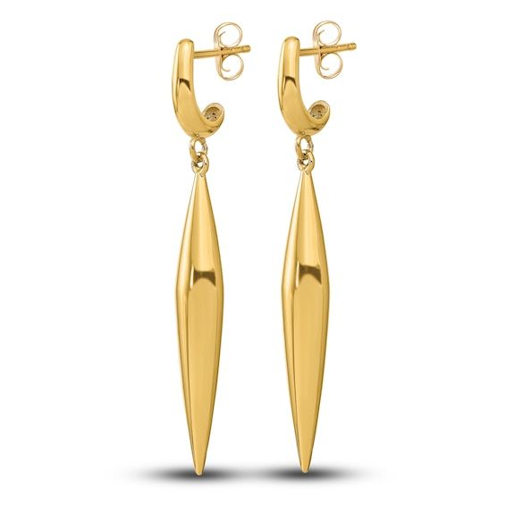 Striking spear dangles are adorned with a high-polish finish in these glamorous women's dangle earrings. Fashioned in 14K yellow gold, the earrings secure in place with friction backs. 14k Gold Polished Drop Diamond Earrings, Polished Yellow Gold Diamond Drop Earrings, Formal Long Drop Earrings Tarnish Resistant, Formal Long Drop Tarnish Resistant Earrings, Formal Long Drop Tarnish-resistant Earrings, Polished Finish Diamond Drop Earrings For Formal Occasions, Formal Polished Diamond Drop Earrings, Formal Polished Finish Diamond Drop Earrings, Yellow Gold Dangle Earrings With Polished Finish