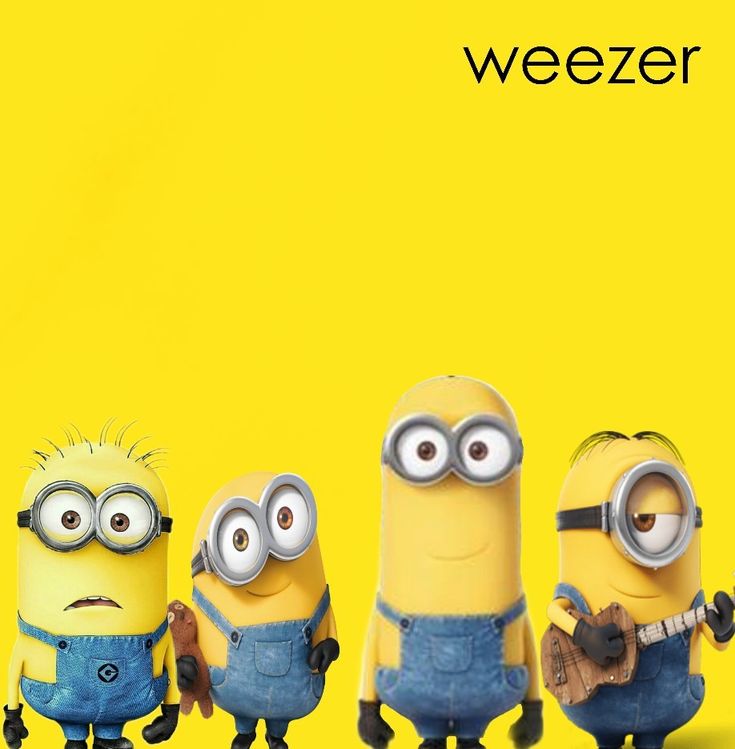 three minion characters standing in front of a yellow background with the words weezer on it