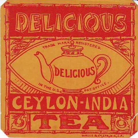 a red and yellow tea bag with the words delicious on it