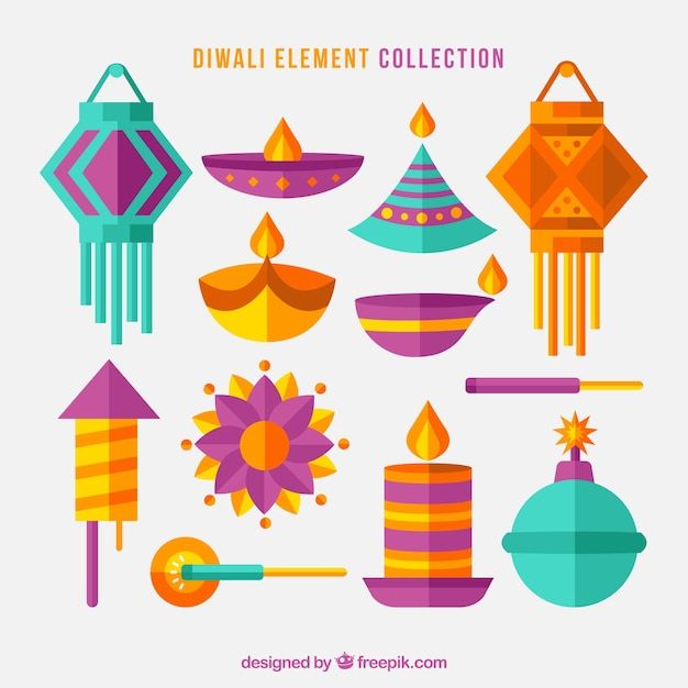 an assortment of colorful objects on a white background with the words diwali element collection