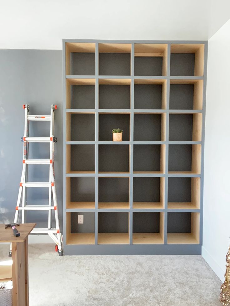 a ladder is in front of a bookcase with shelves on each side, and another shelf behind it