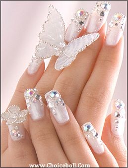 Butterfly Wedding Nails..I'm only pinning this because this nails design thing is really starting to get impractical. Nail Art Mariage, Gem Nail Designs, Ongles Bling Bling, Royals Nails, Wedding Nail Art Design, Nail Art 3d, Bridal Nail Art, Nail Art Pictures, Elegant Nail Designs