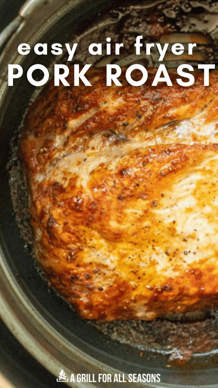 an easy air fryer pork roast in a slow cooker with text overlay that reads, easy air fryer pork roast