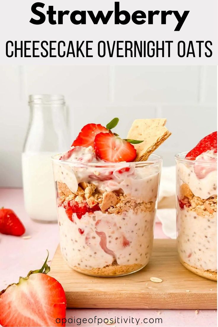 strawberry cheesecake overnight oats in jars with strawberries