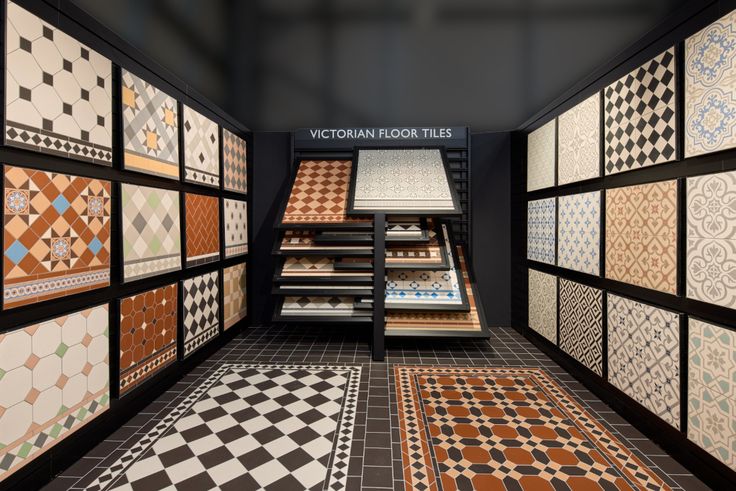 a room filled with lots of different types of floor tiles on the walls and floors