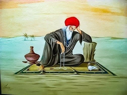 a painting of a man sitting on top of a rug