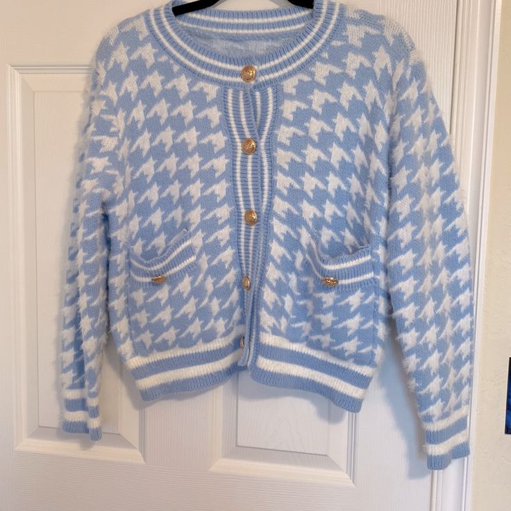 Free Size Nwot- The Color Is Baby Blue So Warm Blue Soft Knit Long Sleeve Cardigan, Blue Long Sleeve Soft Knit Cardigan, Blue Soft Knit Cardigan, Blue Soft Knit Long Sleeve Outerwear, Cozy Light Blue Cardigan For Spring, Blue Crew Neck Trendy Cardigan, Trendy Blue Crew Neck Cardigan, Cozy Light Blue Spring Cardigan, Light Blue Crew Neck Outerwear For Fall