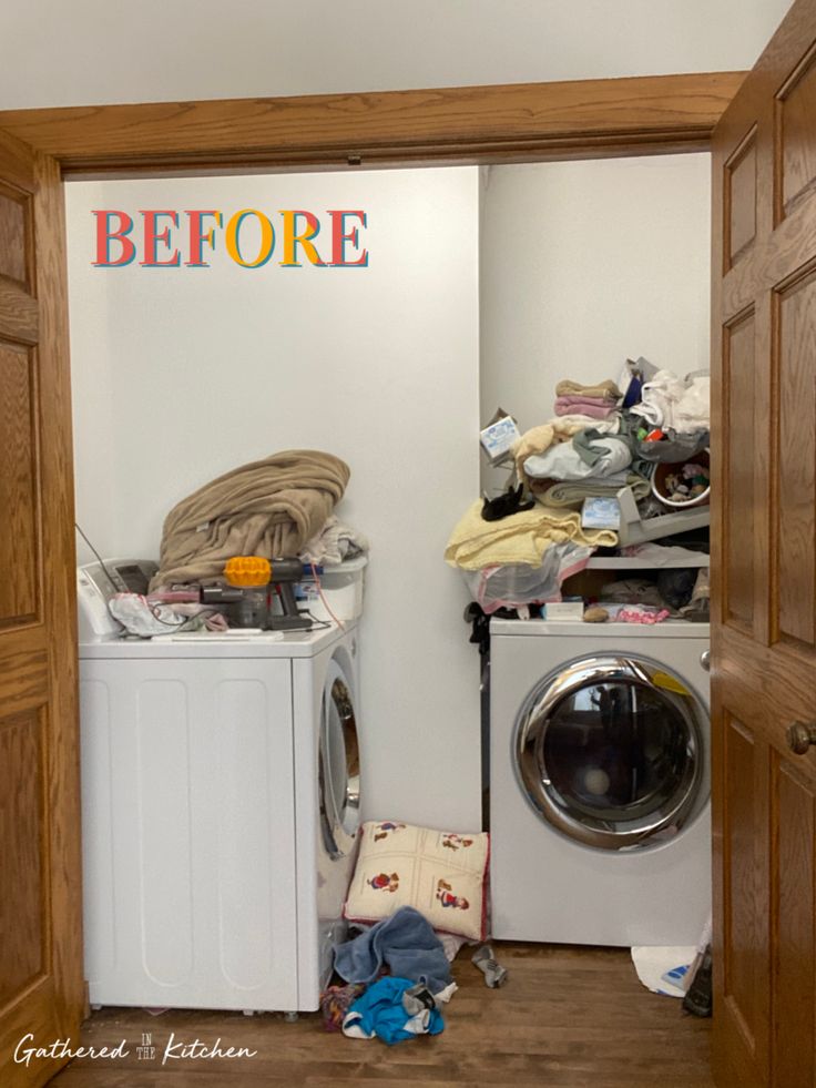 a laundry room with a washing machine and clothes on the floor next to an open door