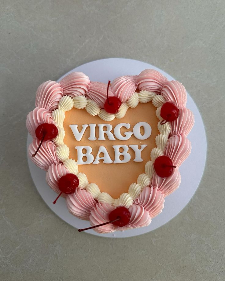 virgo baby birthday heart cake orange pink and white with cherries Virgo Cake Aesthetic, Virgo Heart Cake, Virgo Baby Cake, Virgo Cake Ideas, Virgo Birthday Cake, Heart Cake Aesthetic, Aesthetic Virgo, Computer Collage, Pink Heart Cake