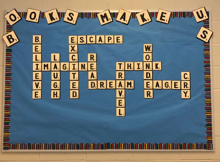 a bulletin board with words that spell out the names of books make us easier to learn how to read