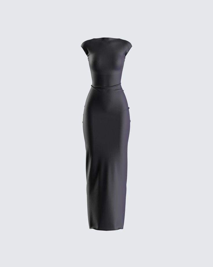 This black dress is the epitome of fierce elegance 🖤� Crafted from a jersey fabric complete with cap sleeves, a boat neck, and a sext low open back - This isn't just a dress; it's a statement that you're here to dominate every room you walk into 😏 Dresses For Closets, Luxury Lined Black Dress, Luxury Black Satin Finish Dress, Black Resption Dress, Luxury Sleek Black Dress, Luxury Fitted Cute Dress, Houte Couter Black Dress, Elegant Luxury Dress With Back Zipper, Luxury Sleek Dress With Back Zipper