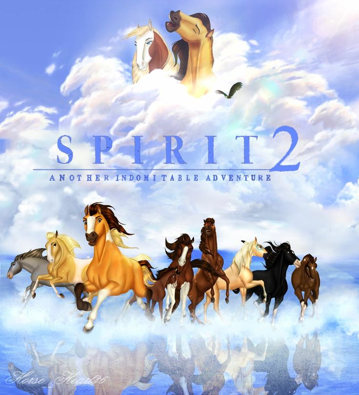 several horses running in the sky with clouds and water behind them that says spirit 2