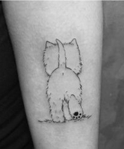 a black and white photo of a small dog on the left arm, with an outline of its head