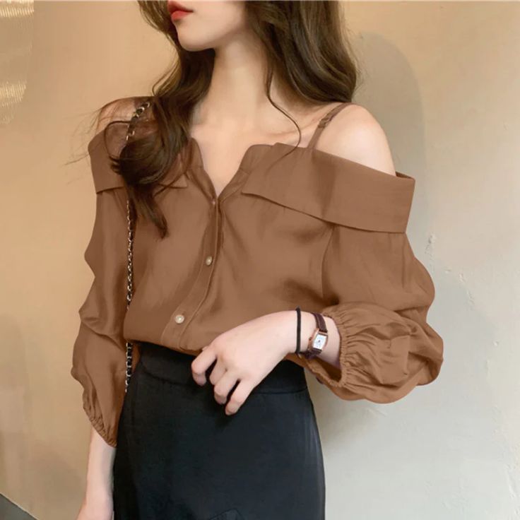 Long Sleeve Sexy Off Shoulder With Straps Blouse Shirt – Tomscloth Brown Summer Office Tops, Brown Summer Office Top, Trendy Solid Color Office Tops, Casual Brown Top For Office, Casual Brown Office Top, Trendy Brown Shirt For Day Out, Casual Off-shoulder Workwear Top, Casual Off-shoulder Top For Work, Trendy Brown Blouse