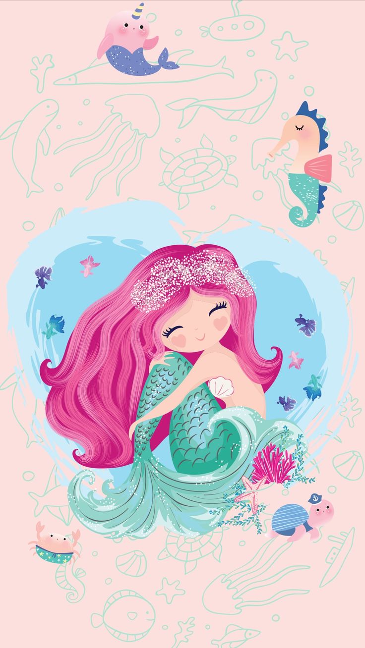 the little mermaid with pink hair is sitting on her stomach