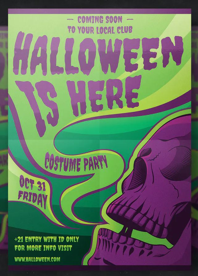 a halloween party poster with a skull on the front and green, purple, and yellow background