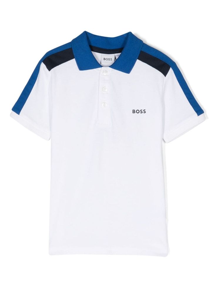 white/blue cotton piqué weave colour-block design logo print at the chest mini logo tag polo collar front button placket short sleeves with ribbed cuffs short side slits straight hem Mini Logo, Mini Logos, Polo Shirt White, Logo Tag, Cuffed Shorts, Cotton Polo Shirt, Block Design, Boys Top, Cotton Polo