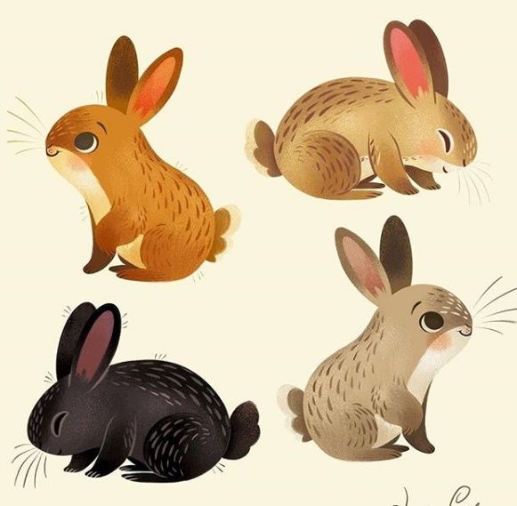 four different colored rabbits sitting next to each other