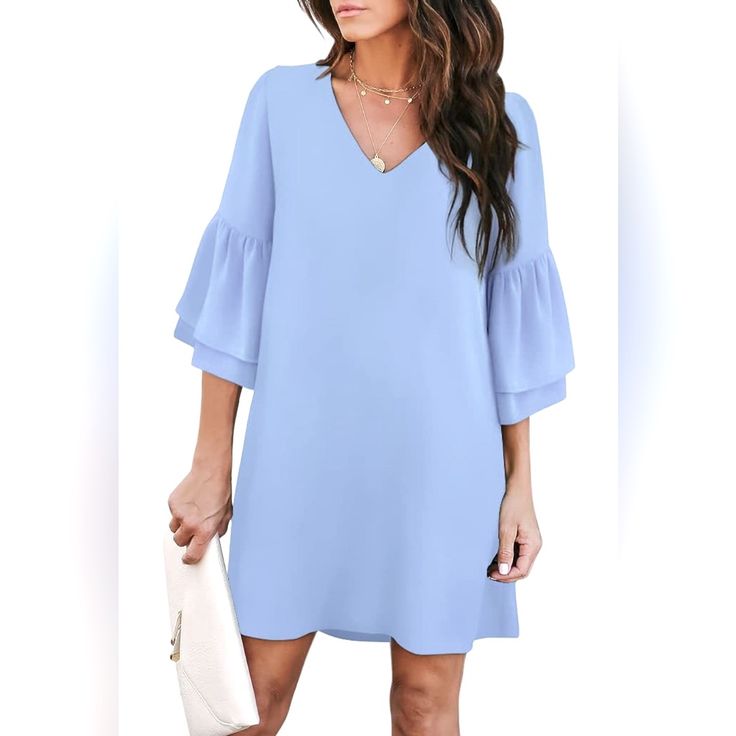 Belongsci Women's Shift Dress - V-Neckline - Bell Sleeve - Light Sky Blue Color - Soft Lining - Back Zipper - Flattering Dress - Made Of High Quality & High Density Chiffon - 96% Polyester, 4% Spandex {Bin#3} Blue V-neck Dress For Brunch, Blue Flowy V-neck Mini Dress, Light Blue V-neck Mini Dress For Brunch, Elegant Blue V-neck Dress For Day Out, Light Blue V-neck Mini Dress For Day Out, Blue V-neck Shift Dress, Blue Shift Dress With V-neck, Bell Sleeve Mini Dress, Pixie Dress