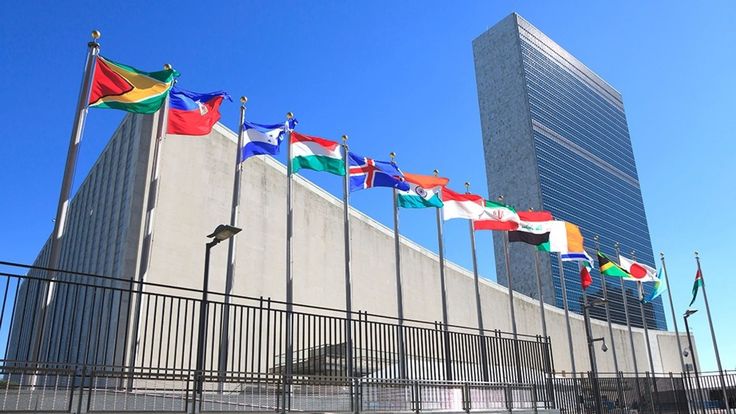 many different flags are flying in front of a building