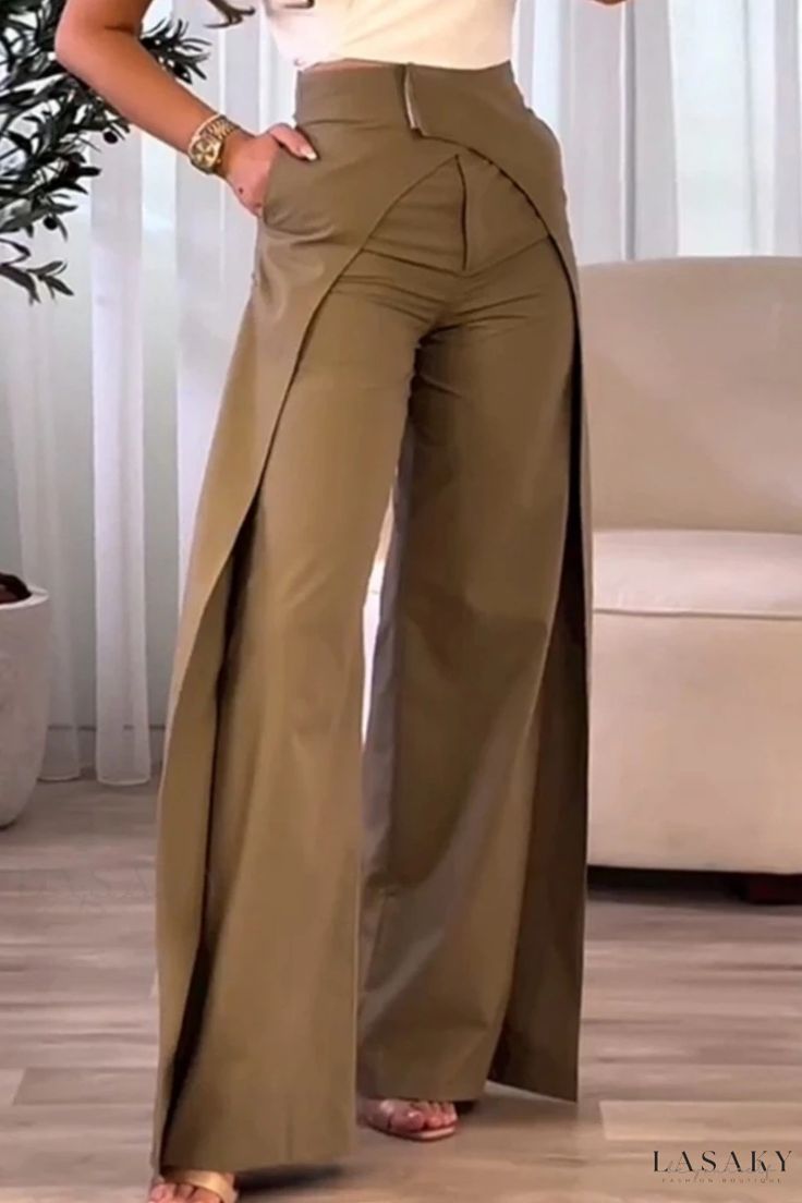 Lasaky - High Waist Skinny Trousers with Casual Solid Patchwork Design Rok Midi, Sandal Tali, Casual Bottoms, Casual Wide Leg Pants, Moda Plus, Pantalon Large, Asymmetrical Design, Type Of Pants, Komplette Outfits