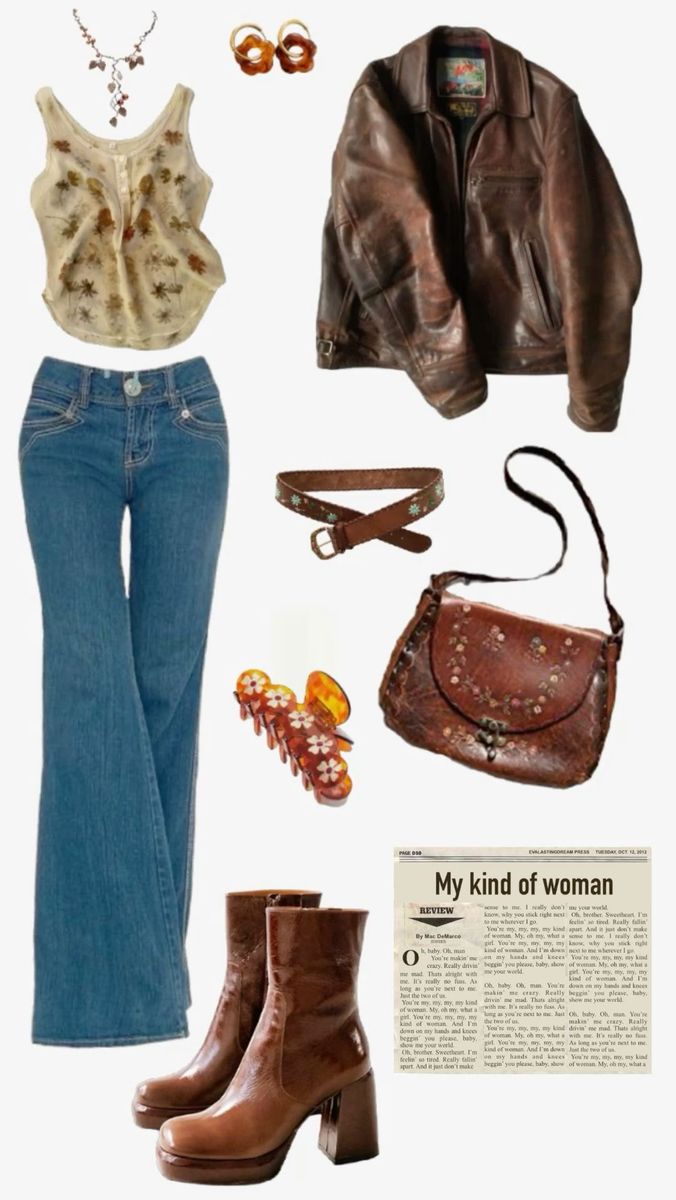 Brown Boots Aesthetic Vintage, Fall 70s Aesthetic, Fleetwood Mac Clothes, Cute Summer Jackets For Women, Vintage Outfits Jeans, Cowgirl Fashion Aesthetic, Mac Demarco Inspired Outfits, Vintage Cool Outfits, 70s Brown Leather Jacket Outfit