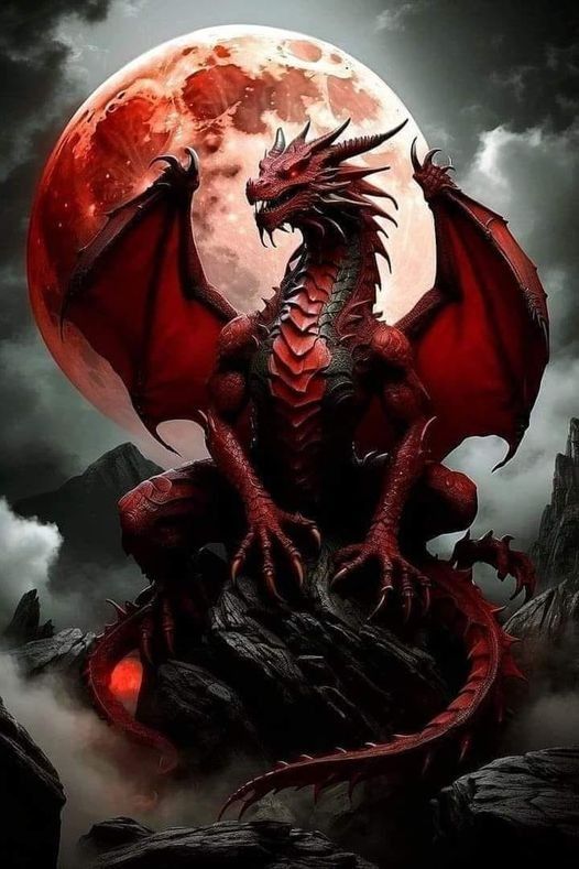 a red dragon sitting on top of a rock in front of a full blood moon