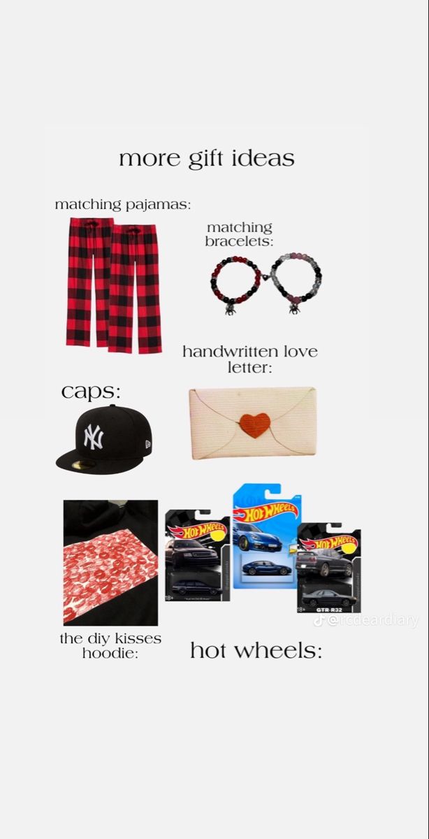 the contents of a gift guide are shown in red and black, including hats, sunglasses, eyeglasses