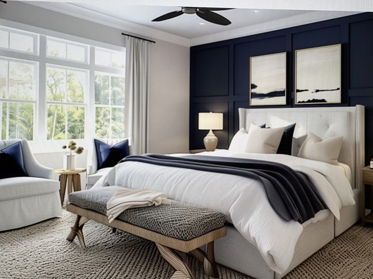 a bedroom with blue walls and white bedding