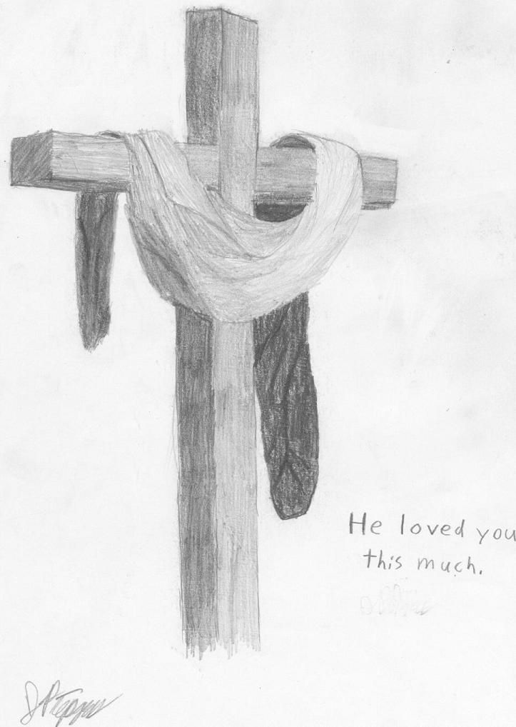 a pencil drawing of a cross with the words he loved you this much on it