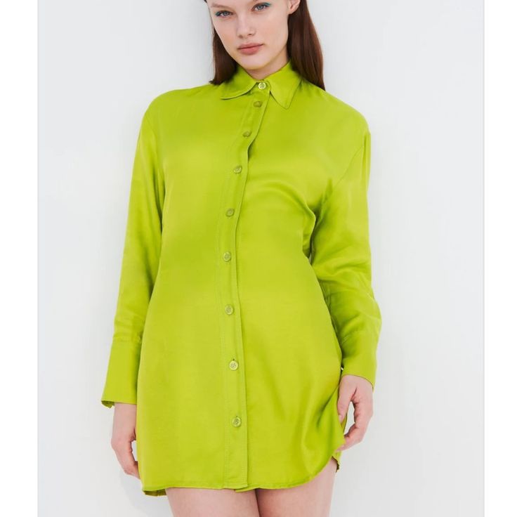 Zara Nwt Dress Satin Effect Shirt Dress Color Lime Green Sz Small Nwt Zara Long Sleeve Shirt Dress For Summer, Zara Long Sleeve Shirt Dress For Daywear, Zara Long Sleeve Shirt Dress For Brunch, Green Long Sleeve Shirt Dress For Daywear, Yellow Long Sleeve Shirt Dress For Work, Green Long Sleeve Shirt Dress For Brunch, Green Mini Length Shirt Dress For Daywear, Spring Green Button-up Shirt Dress, Summer Green Collared Mini Dress