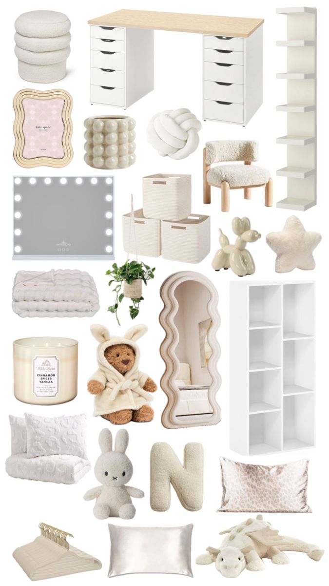 a collage of white furniture and accessories for a baby's nursery or bedroom