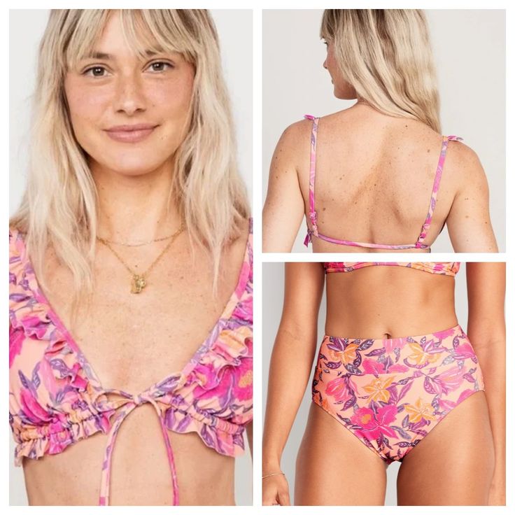 Nwt Old Navy Bikini Cute Peach Floral Top Is A M - Front Tie With Ruffled Straps Bottom Is A S - Banded High-Rise Bikini Bottom I Ship Same/Next Day! Feminine Ruffled Swimwear For Vacation, Pink Ruffled Swimwear For Beachwear, Pink Ruffled Swimwear For Summer, Pink Ruffled Swimwear For Beach, Pink Ruffled Beachwear Swimwear, Pink Ruffled Swimwear For Vacation, Pink Ruffled Tropical Swimwear, Pink Tropical Ruffled Swimwear, Tropical Pink Ruffled Swimwear