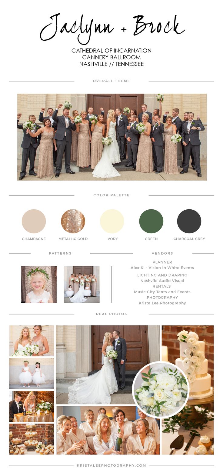 the wedding party is shown with their names and colors in black, white, green, gold