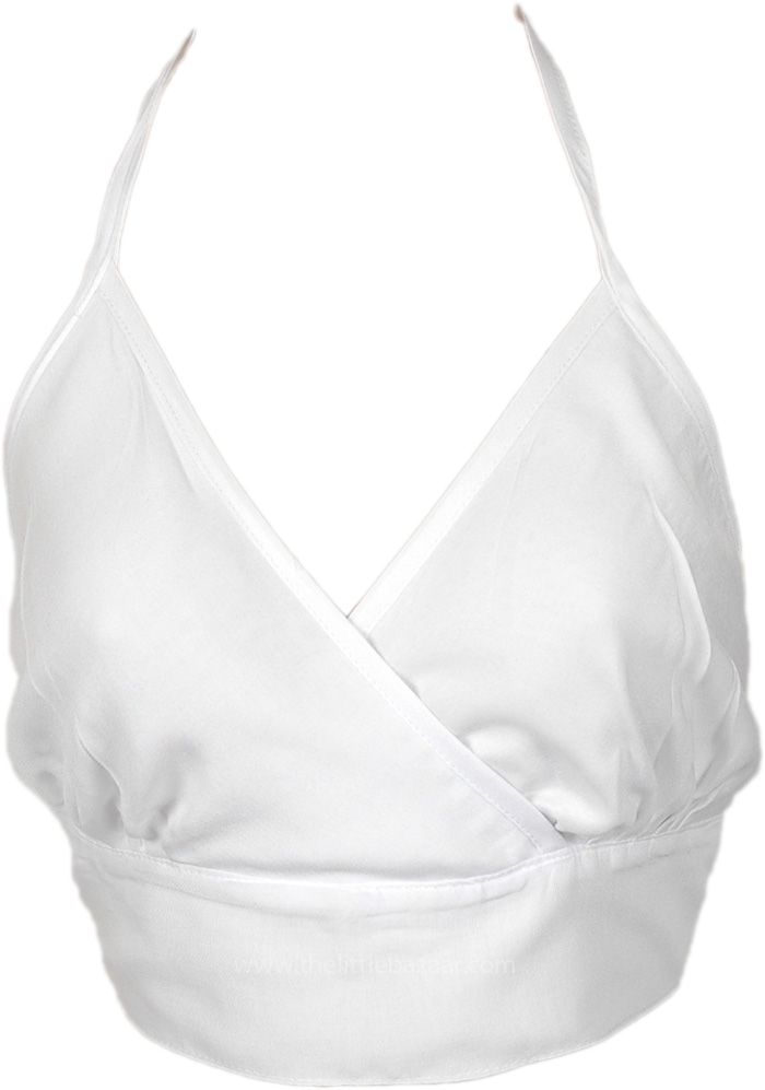 A soft white halter neck bralette has straps that come up from the sides of the bralette that extend behind the neck, creating a halter-style neckline.  Additionally, it has another tie at the back to secure the bralette in place. #tlb #Sleeveless #beachwrap #bohemianfashion #Handmade #BohemianTop White Backless Crop Top With Built-in Bra, Backless Halter Top With Built-in Bra, White Halter Top With Built-in Bra For Spring, White Halter Neck Camisole With Built-in Bra, Elegant Summer Bra With Delicate Straps, Elegant White Spaghetti Strap Halter Top, White Halter Neck Crop Top With Built-in Bra, White Halter Neck Crop Top With Straps, White Backless Halter Top With Tie Back