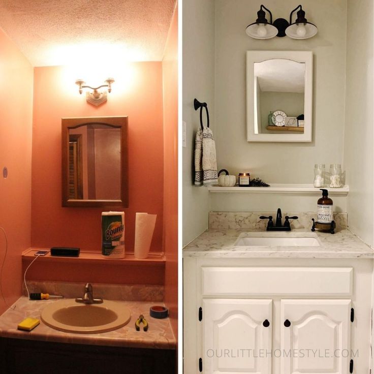 before and after pictures of a bathroom remodel with white cabinets, marble counter tops and pink walls