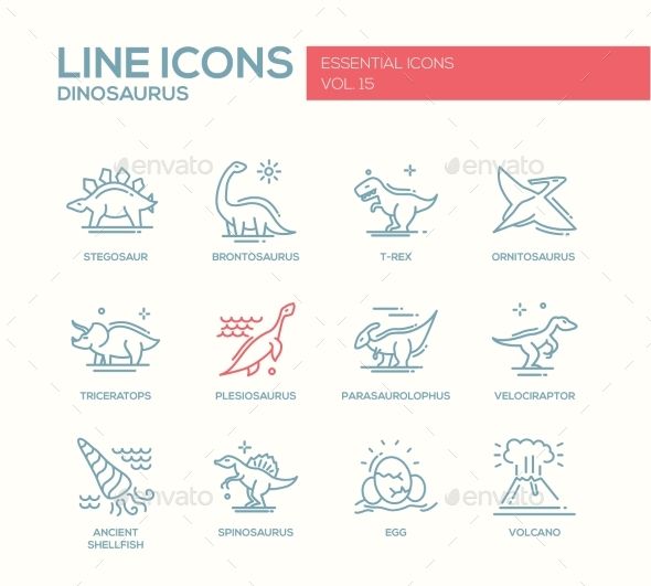 line icons depicting the different types of dinosaurs and other animals in their natural habitats