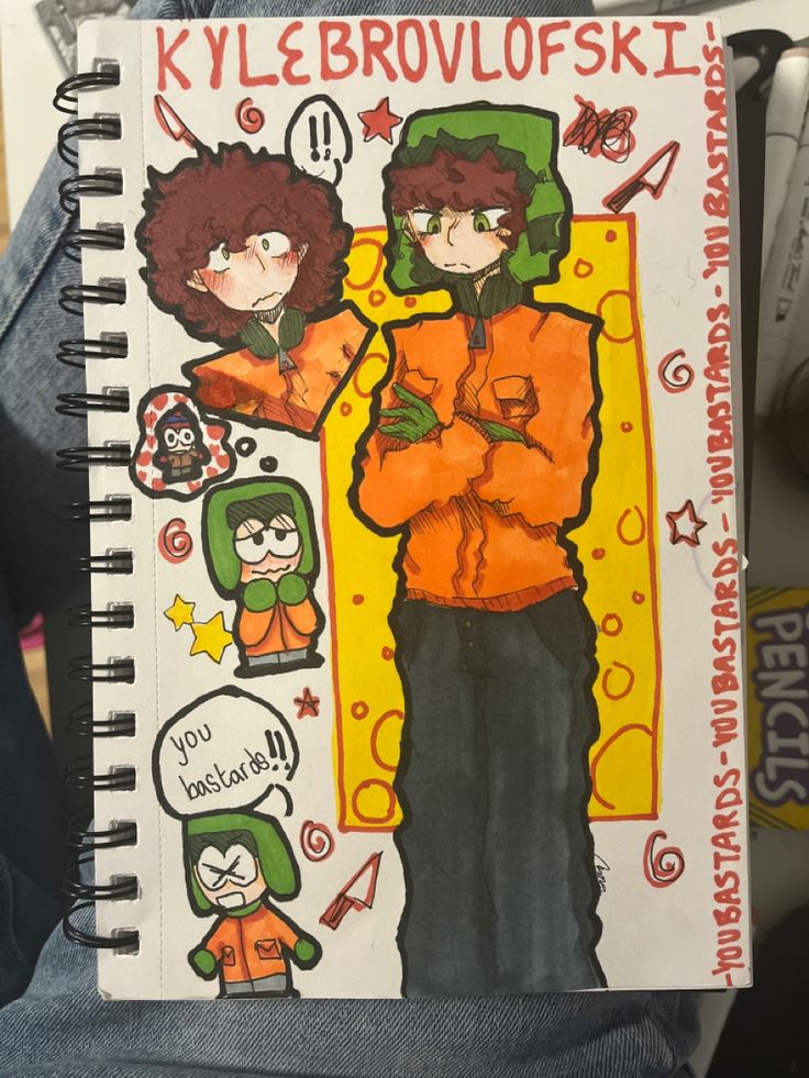 a drawing of two people standing next to each other in front of a person with an orange jacket