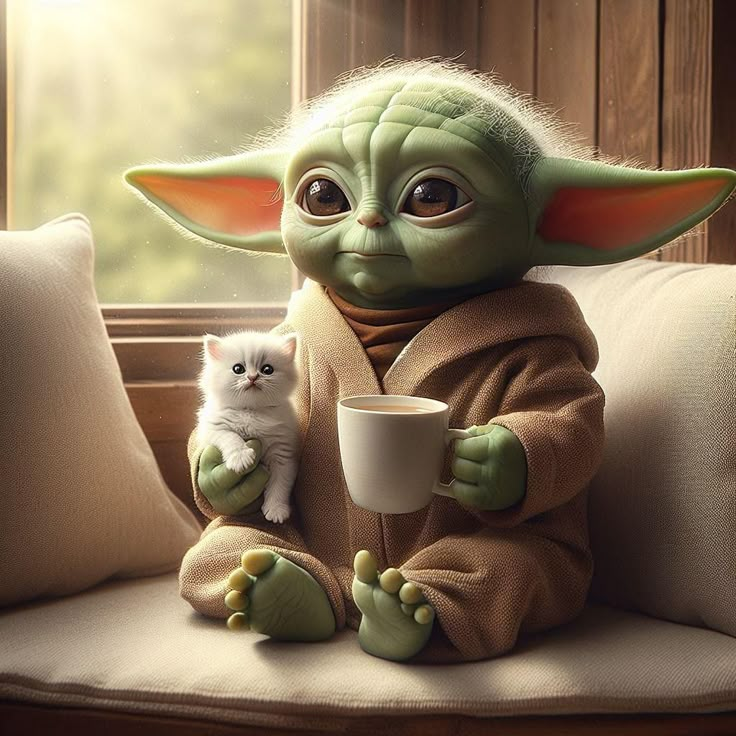 a baby yoda holding a coffee cup and sitting on a couch next to a white kitten