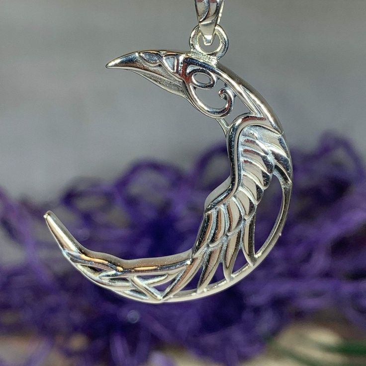 TAKE AN ADDITIONAL 20% OFF THE ALREADY REDUCED SALE PRICE - ADDITIONAL 20% IS DEDUCTED AT CHECKOUT with code SAVE20 Solid Sterling Silver - The Mythical Raven Crescent Moon ~ Solid Sterling Silver Necklace on a chain. This raven is symbolic of thought and memory. Ravens connect us to our strengths of natural intuition coupling our best abilities and powers of thought creation. They refine our abilities and raise our energy to a level vibrating with the magical forces and mysteries of the cosmos. Crow Pendant, Sea Inspired Jewelry, Raven Jewelry, Raven Necklace, Wiccan Jewelry, Pagan Jewelry, Pretty Rocks, Irish Jewelry, Family Jewels