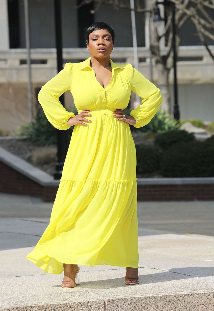 Long Sleeve Chiffon Maxi Dress Say hello to the Sun Goddess! Our dazzlingly yellow maxi dress will have you feeling out of this world. Featuring front faux buttons, back tie, and sheer sleeves for a divine look. Plus, a stylish center split - because even the gods get a little hot under the collar. Perfect for spring and ready for some sunshine! Model is 5'5 wearing size M (8-10). Runs true to size. Order your normal size. Classic collar. Button front. Tie waist. Center split. Partial lining. 10 Yellow Solid Color Maxi Dress For Spring, Elegant Yellow Maxi Dress For Day Out, Yellow Long Sleeve Maxi Dress, Elegant Flowy Yellow Maxi Dress, Yellow Long Sleeve Maxi Dress For Beach, Solid Color Long Sleeve Maxi Dress For Casual Wear, Chic Yellow Chiffon Midi Dress, Yellow Solid Color Maxi Dress For Party, Elegant Yellow Maxi Chiffon Dress