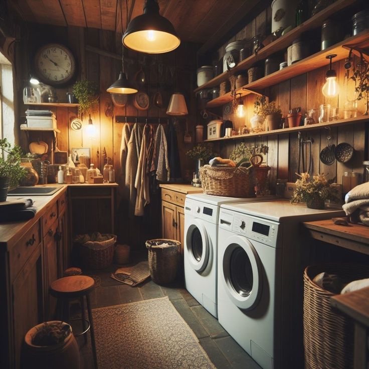 a washer and dryer in a room with lots of wooden shelves on the wall