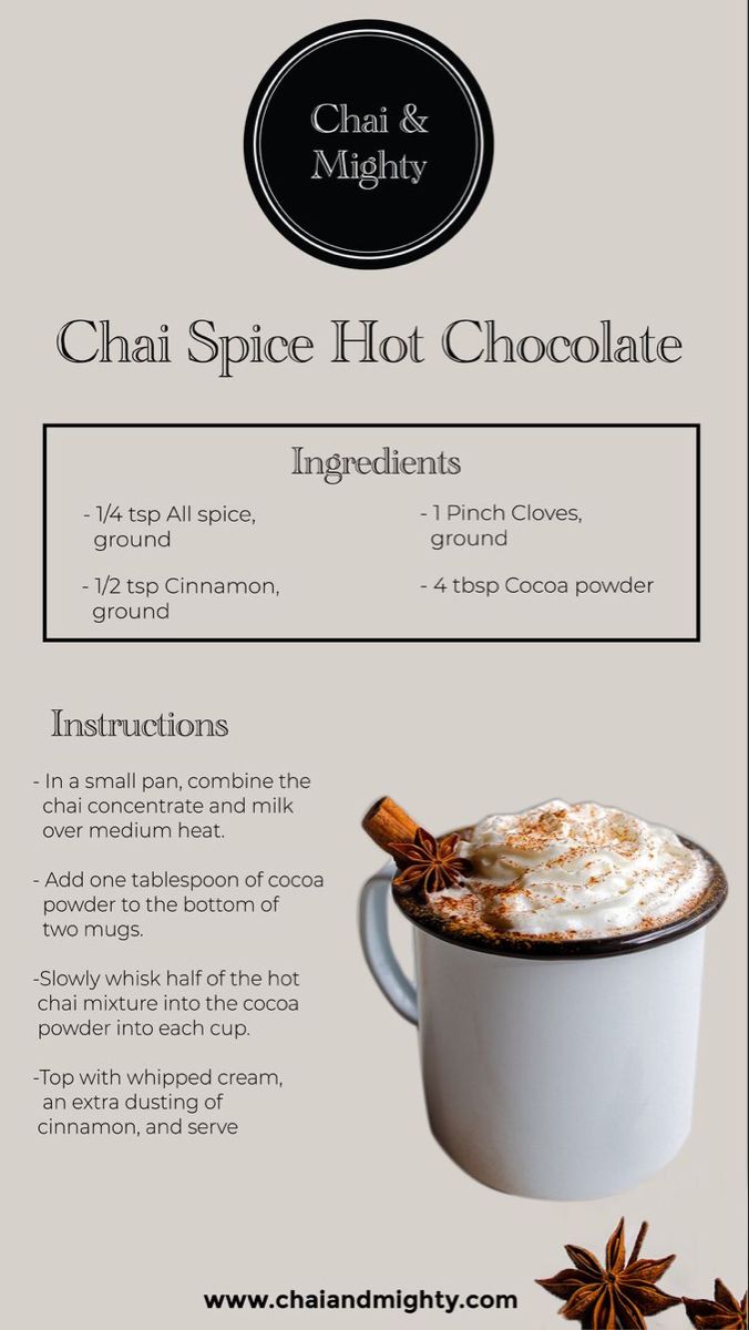 an advertisement for chai spice hot chocolate